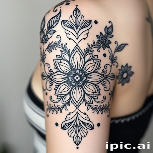 Ornamental blackwork tattoo titled "Lace Elegance" showcasing intricate floral and geometric patterns inspired by delicate lace designs with varying line weights and negative space