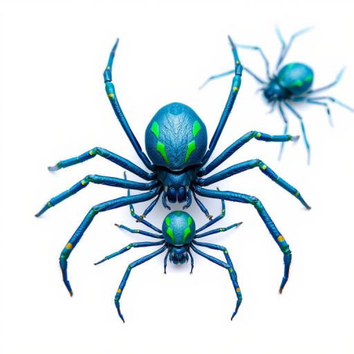 Create an illustration of three large, stylized blue spiders with green accents on a plain white background, using a DSLR camera with a 50mm lens, aperture set at f/2.8, ISO 100, and a slightly blurred background for emphasis on the spiders, shot in high-resolution to enhance clarity and detail.