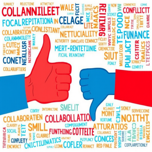 Create a vibrant and engaging digital illustration of two hand symbols, one red thumbs up and one blue thumbs down, surrounded by a diverse array of words related to collaboration and conflict, captured with a Canon EOS 5D Mark IV at f/8, ISO 100, 50mm lens, with a flat lay perspective and a crisp focus.