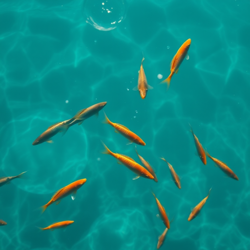 Capture a high-resolution image of fish swimming in a clear turquoise lake, using a DSLR camera with a 50mm lens, aperture set to f/2.8, shutter speed at 1/125s, ISO 200, taken from a top-down view to emphasize underwater movement and reflections.