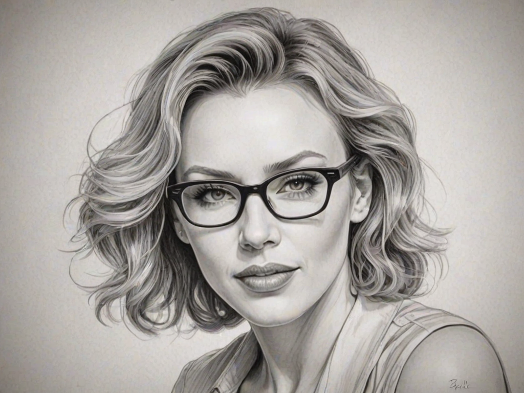 Attractive Kylie Minogue, pencil sketch, portrait of Exquisite woman 1934s in glasses, hair style beatnik, outline, clear lines, fine lines, 8k