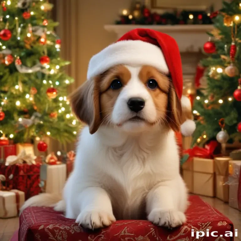 A Festively Adorned Puppy in a Santa Hat Surrounded by Christmas Cheer.