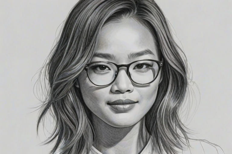 Radiant Jamie Chung, pencil sketch, portrait of Delightful woman 1961s in glasses, hair style beatnik, outline, clear lines, fine lines, 8k
