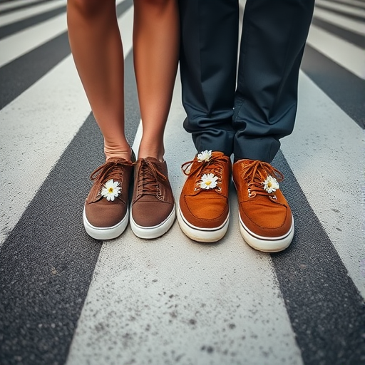 Couple standing on a crosswalk wearing brown sneakers with small white flowers in each shoe, captured with a 50mm lens at f/2.8, ISO 200, using a DSLR camera with a shallow depth of field to enhance focus on the shoes and flowers.