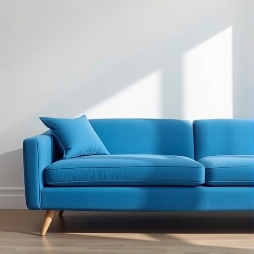 a modern blue couch with smooth lines and minimalist design, captured from a slightly elevated angle, using a DSLR camera with a 50mm lens, aperture f/2.8, ISO 100, natural light for enhanced color vibrancy and contrast