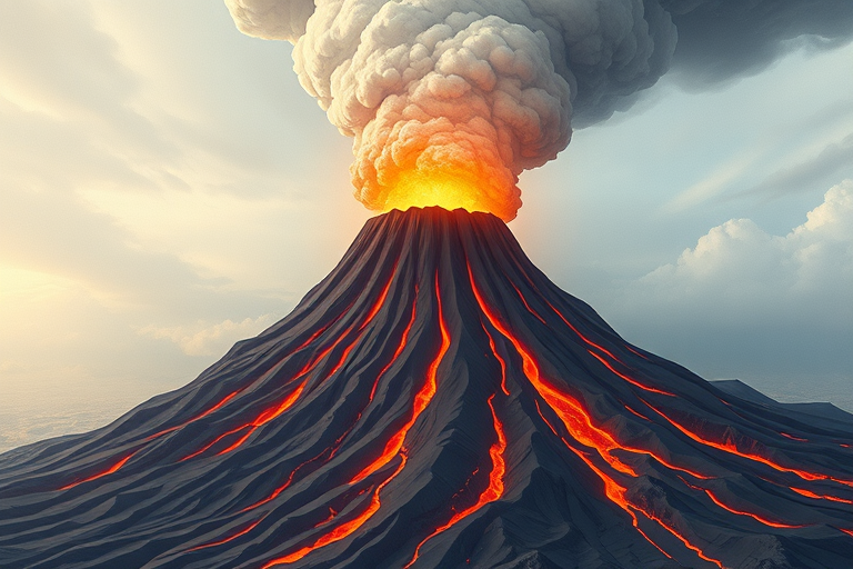 Create a detailed illustration of an erupting volcano with lava flowing down its sides and a large ash cloud, using a DSLR camera with a 50mm lens, aperture set to f/8, ISO 100, and shot from a low angle view to emphasize the height and intensity of the eruption.
