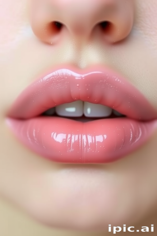 Pale pink lips with a soft, blurred effect and delicate pearl shimmer, titled "Dreamy Rosebud Haze"