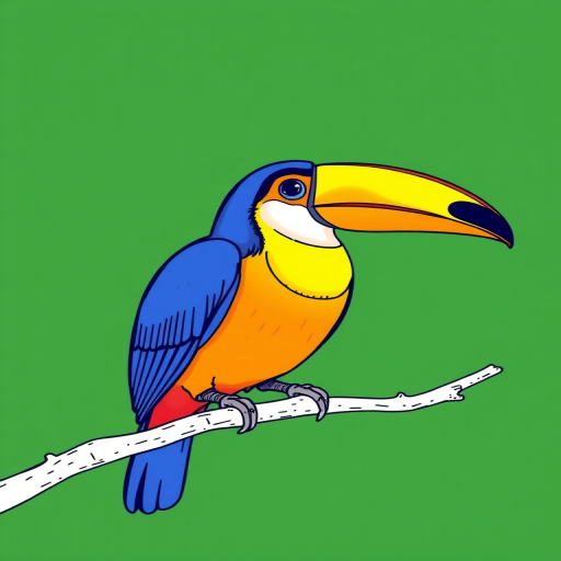 Create a vibrant line art drawing of a toucan perched on a branch against a dark green background, using a Canon EOS R5 with an 85mm f/1.2 lens at f/2.8, ISO 100, and a shutter speed of 1/250s to enhance image quality and detail.