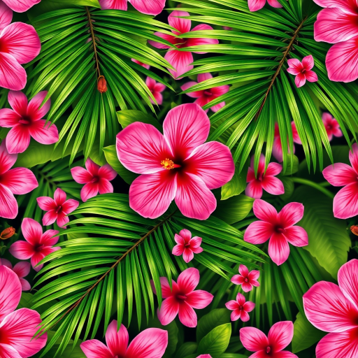 High-resolution tropical flower pattern with vibrant pink hibiscus and lush green palm leaves, shot with a Canon EOS R5, 85mm lens, f/2.8 aperture, ISO 100, natural light, shallow depth of field for enhanced texture and color richness.
