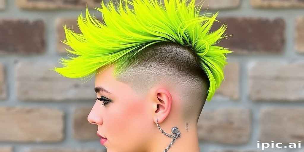 Electric Neon Buzz features a bold, asymmetrical undercut with vibrant yellow-green hair on top, styled in spiky tufts that seem to crackle with energy