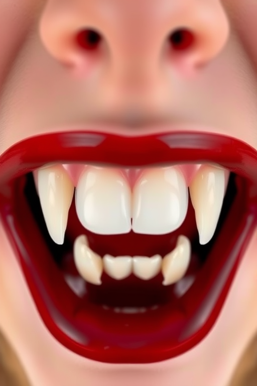 Create a high-resolution image of stylized vampire fangs with a smooth vector design, shot with a DSLR camera at f/4 aperture, ISO 100, 50mm lens, top-down angle, and soft natural lighting.