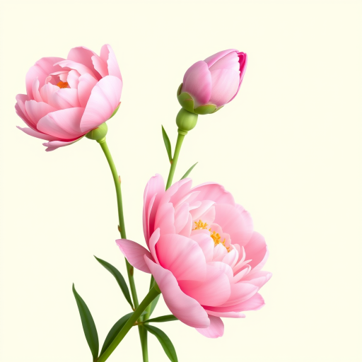 Create an illustration of three pink peonies with one bud, set against a pale green background, using a soft focus style, shot with a DSLR camera at f/2.8, 85mm lens, natural lighting, and a slight vignette effect for enhanced elegance.