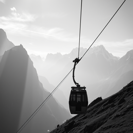 Regenerate a high-contrast black and white image of a cable car ascending a mountain with a dramatic backdrop, captured with a Canon EOS R5, 50mm lens, f/8 aperture, ISO 100, and shutter speed at 1/1000 sec, from a low angle perspective to emphasize the scale of the mountains.