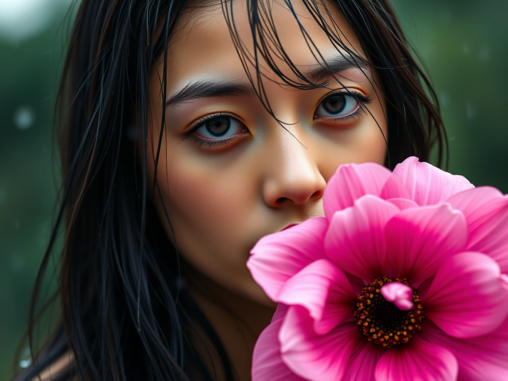 Generate a hyper-realistic portrait of a young woman with wet hair, gently holding a large pink flower in the rain, captured at a 50mm focal length, aperture f/1.8, ISO 200, with soft natural lighting, using a DSLR camera.