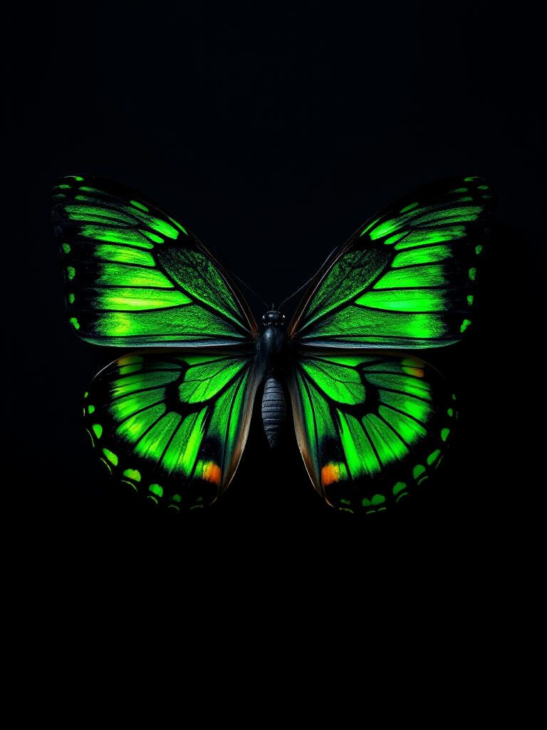 Generate an image of a butterfly with vibrant green and black wings, resting on a dark background with soft lighting. The wings should display intricate patterns and textures, showcasing the beauty of the butterfly in a natural setting.