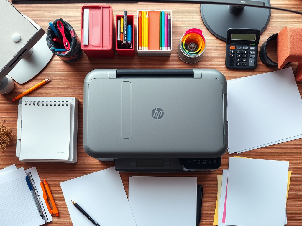 Create an overhead shot of a modern workspace featuring a printer, colorful stationery, a calculator, and blank papers arranged neatly, using a DSLR camera with a 50mm lens, f-stop 2.8, ISO 100, shooting in natural light for enhanced clarity and vibrant colors.