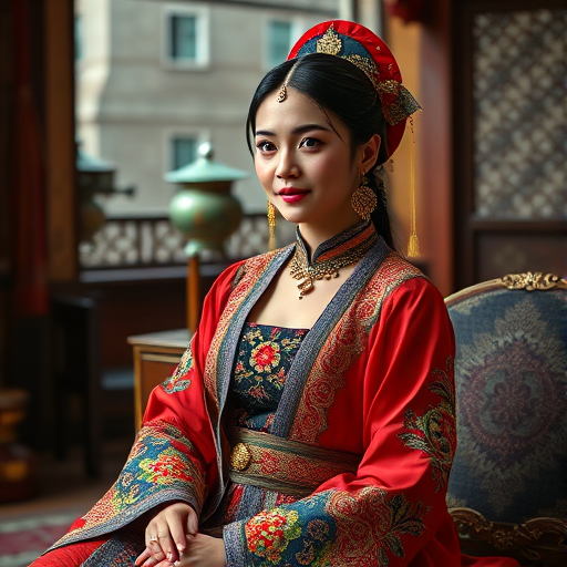 A beautiful Turkmen woman in traditional East Asian attire, intricately detailed with embroidered patterns, sitting gracefully in a richly decorated room, soft ambient lighting, serene and elegant, ultra-realistic, 8K resolution