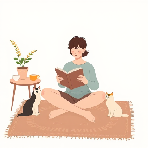 Create an illustration of a person sitting cross-legged on a rug, reading a book, with a cat beside them, a table with a flower pot and a cup of tea nearby, use a soft color palette, focus on a cozy atmosphere, camera settings: f/2.8 aperture, ISO 100, shutter speed 1/60, camera view: eye level, camera style: minimalist, camera type: digital illustration.
