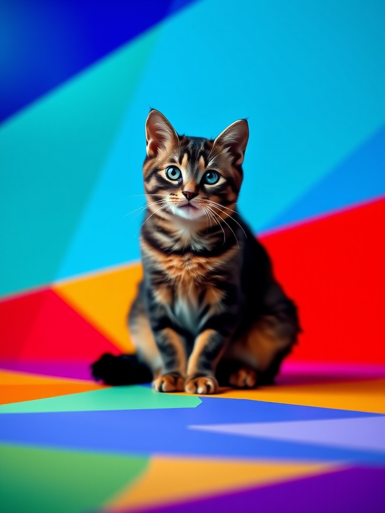 Generate an image of a stylized cat sitting on a colorful geometric background, using a DSLR camera with a 50mm lens at f/1.8, ISO 100, and a shallow depth of field to enhance image quality, with a focus on vibrant colors and sharp contrast.