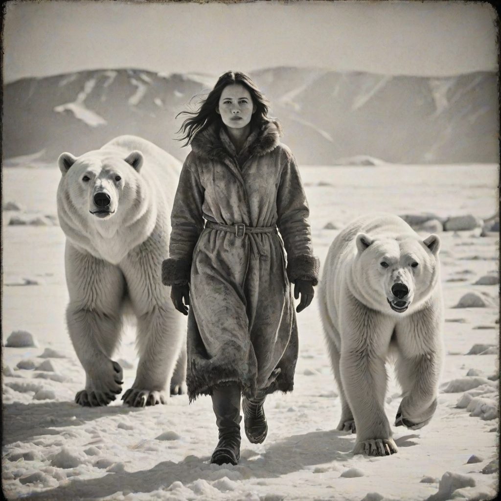 A very old photograph in black and white. The photo is badly damaged, faded, with scratches, tears, smudges and dirt. The photo is ultra-realistic and very detailed. It's a picture of an Arctic warrior. She is walking serenely towards the camera. At her side walks a majestic polar bear. Its fur shines in the sunlight. Snow, ice, sea. wind. snow in the air.