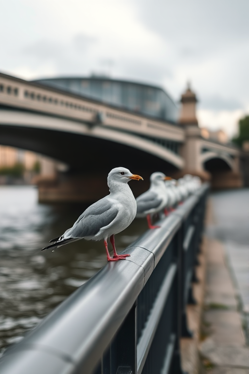 seagulls perched on a railing by a river under a bridge during overcast weather, captured with a Canon EOS R5, 50mm lens, aperture f/2.8, shutter speed 1/200s, ISO 100, shallow depth of field for a blurred background, soft natural lighting