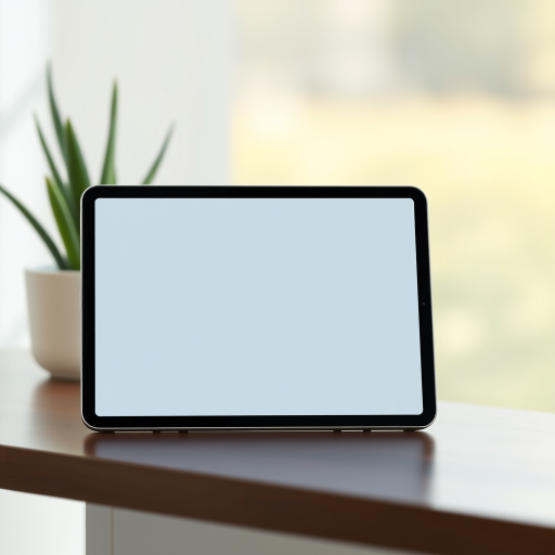 Create a high-resolution image of a blank tablet screen with a clean and sleek design, using a Canon EOS R5 camera with a 50mm f/1.2 lens, aperture set to f/2.8, ISO 100, and a shallow depth of field, captured from a straight-on angle with natural lighting for enhanced clarity.