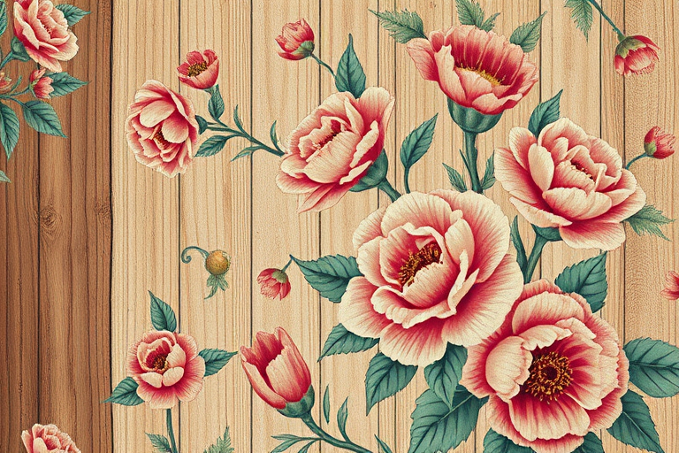 create a vintage floral wallpaper design with intricate details and vibrant colors, set against a textured wooden background, using a macro lens, f/2.8 aperture, ISO 100, 50mm lens, natural lighting for enhanced clarity and saturation