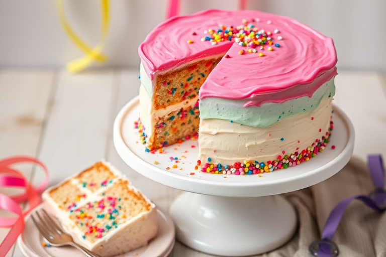 A beautifully decorated cake on a white cake stand with a slice cut out revealing colorful sprinkles inside the cake topped with pink frosting and a plate with a slice of the cake beside it garnished with colorful sprinkles and a fork on the plate with ribbons in the background.
