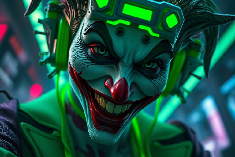 create a high-resolution digital artwork of a futuristic joker character with cybernetic elements, neon green highlights, and a glitch aesthetic, captured with a Canon EOS R5 using a 50mm lens, f/1.8 aperture, ISO 100, 1/200s shutter speed, and a dramatic low-angle view to emphasize details and depth.