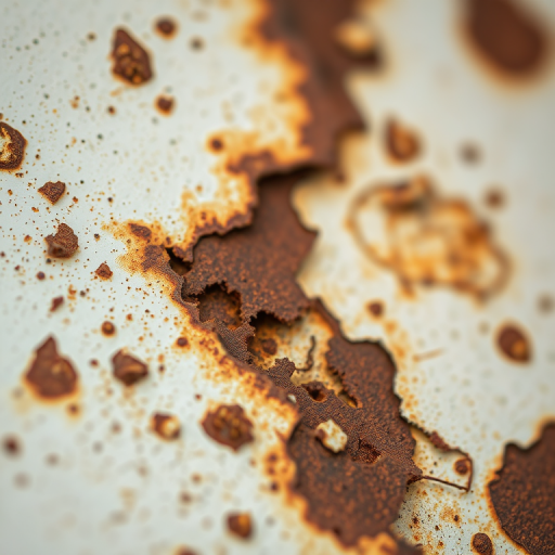 macro shot of rusted metal surface with peeling paint and textures, f/8 aperture, 1/125s shutter speed, ISO 100, 50mm lens, natural light, DSLR camera