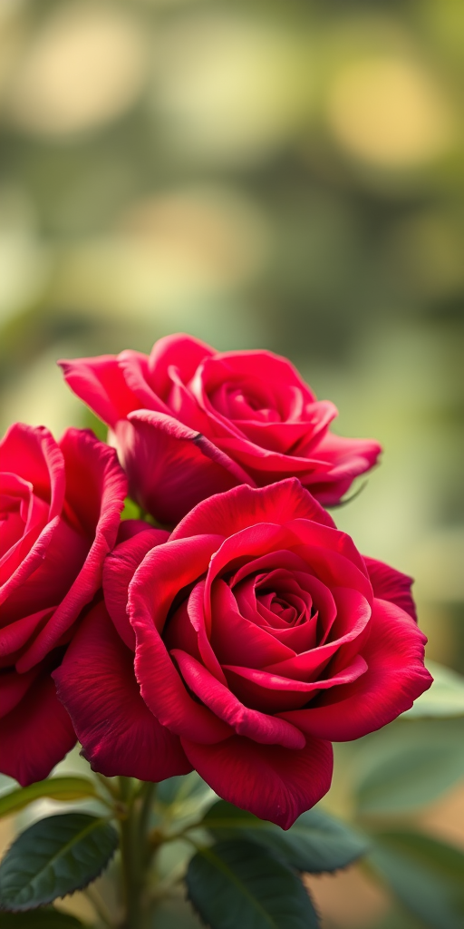 Create an illustration of three red roses with intricate details and green leaves, using a macro lens 100mm f/2.8 for sharp focus, natural lighting, and a soft background blur, digital illustration style, high resolution.