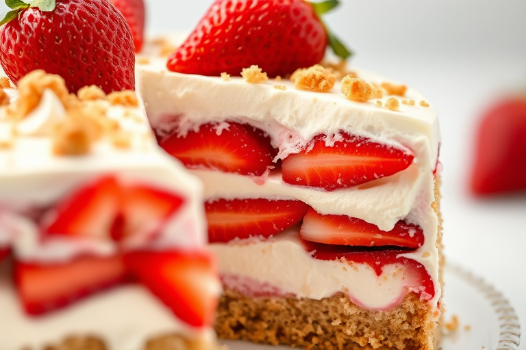 A close-up shot of a delicious layered dessert featuring whipped cream, strawberries, and a crumbly crust, with a slice cut out to reveal the layers inside, garnished with fresh strawberries and crumbs on top, with a soft focus background.