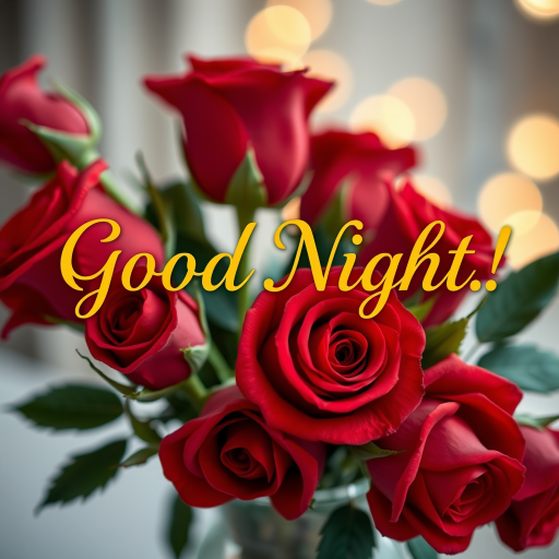 Create an image with the text "Good Night!" in golden Garamond font, placed atop a delicate vase filled with vibrant red roses, with soft focus and warm lighting effects.