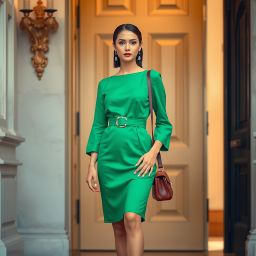 A fashionable woman in a green dress with a belt and handbag, standing gracefully by an elegant door, photographed with a DSLR camera at f/1.8 aperture, ISO 100, 50mm lens, natural lighting, high dynamic range, cinematic style.