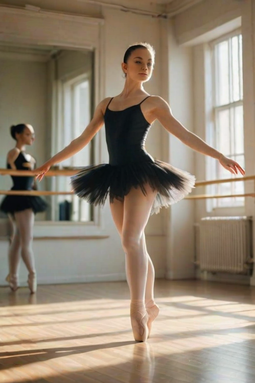 Soft-focus image of a woman practicing ballet in a sunlit studio, wearing a black leotard and tutu, with mirrors reflecting her graceful movements and soft light enhancing the scene.