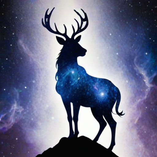 Captivating conceptual render alcohol ink art, double exposure, the paint strokes artfully merge combining a woman's full silhouette with a Elegant elk's silhouette. The figures are composed of a series of colored dots, lines & spots that evoke the image of a cosmic galaxy, colors are deep shades of blue purple & black with flashes of white & silver representing distant stars. The woman's silhouette is formed within the lion's silhouette from constellations of scattered stars, surreal