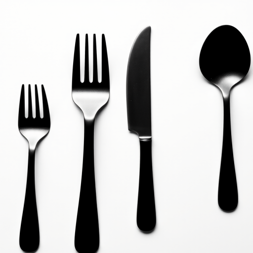 Create a minimalistic black silhouette of a fork, knife, and two types of spoons arranged artistically on a white background, shot with a DSLR camera at f/8 aperture, 50mm lens, ISO 100, 1/200 sec shutter speed, top-down view for clarity and sharpness.