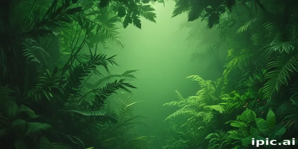 Lush Green Jungle Landscape with Dense Foliage and Soft Light Filtering ...