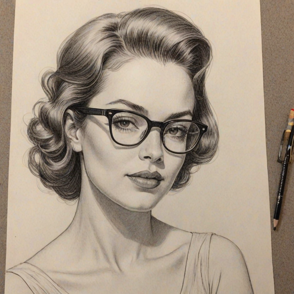 Sublime Tanya Chisholm, pencil sketch, portrait of Alluring woman 1957s in glasses, hair style beatnik, outline, clear lines, fine lines, 8k