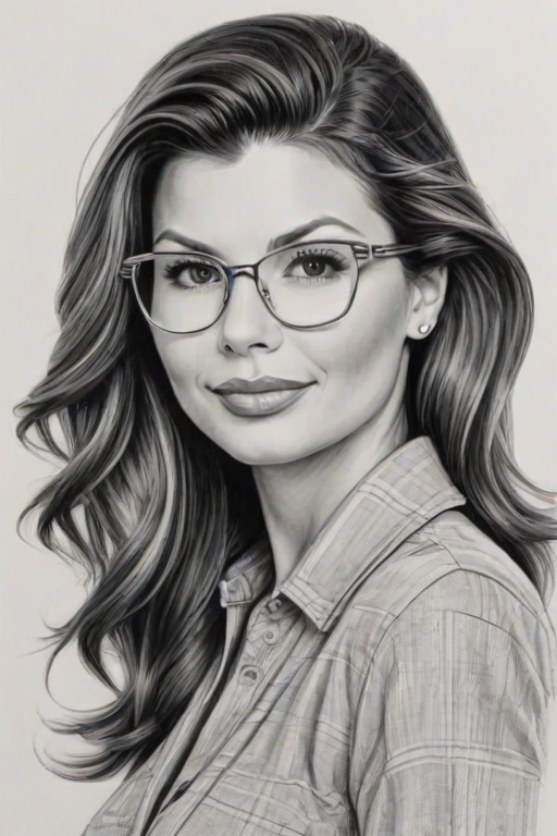 Charming Ali Landry, pencil sketch, portrait of Wonderful woman 1946s in glasses, hair style beatnik, outline, clear lines, fine lines, 8k
