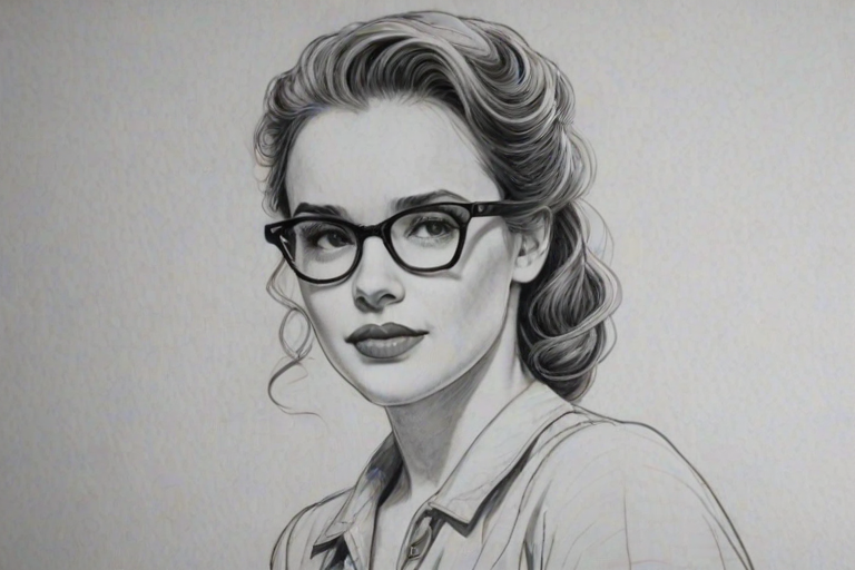 Radiant Kay Panabaker, pencil sketch, portrait of Ravishing woman 1947s in glasses, hair style beatnik, outline, clear lines, fine lines, 8k