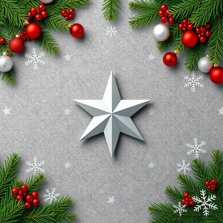 Create an image of a festive Christmas scene featuring a border of evergreen branches adorned with red and silver ornaments, along with white snowflakes. In the center, place a large silver star on a textured gray background.
