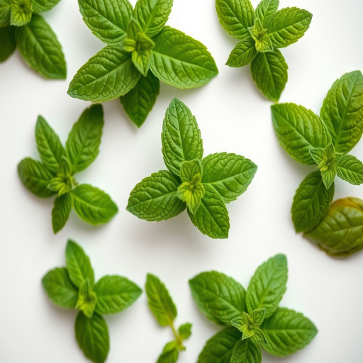 fresh mint leaves on a clean white background, 50mm lens, f/2.8, ISO 100, natural light, top-down view, macro photography, DSLR camera