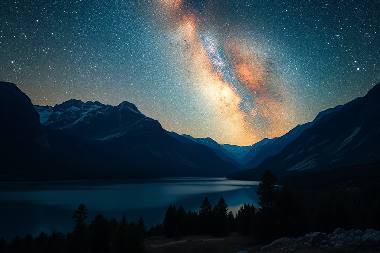 Create a serene landscape featuring a tranquil lake surrounded by majestic mountains under a vibrant night sky filled with stars and a prominent Milky Way, captured with a Canon EOS R5, 24mm f/1.4 lens, ISO 800, f/2.8, at a 30-second exposure, using a wide-angle view and long exposure photography style to enhance color depth and clarity.