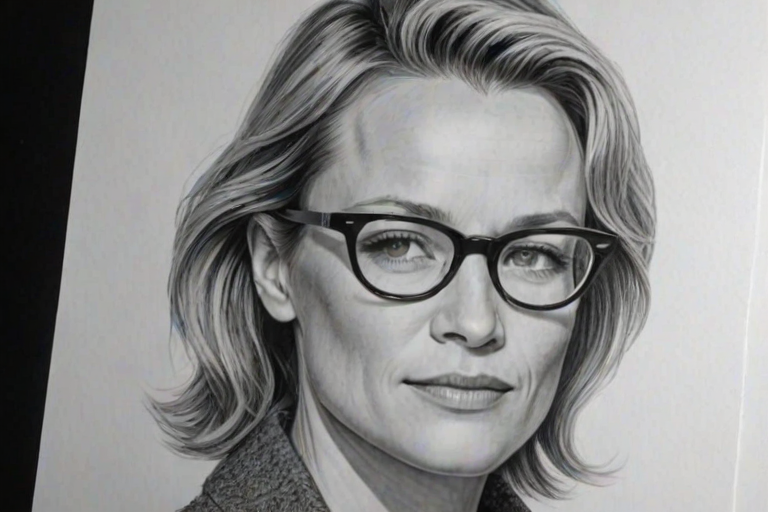 Resplendent Robin Wright, pencil sketch, portrait of Delightful woman 1956s in glasses, hair style beatnik, outline, clear lines, fine lines, 8k