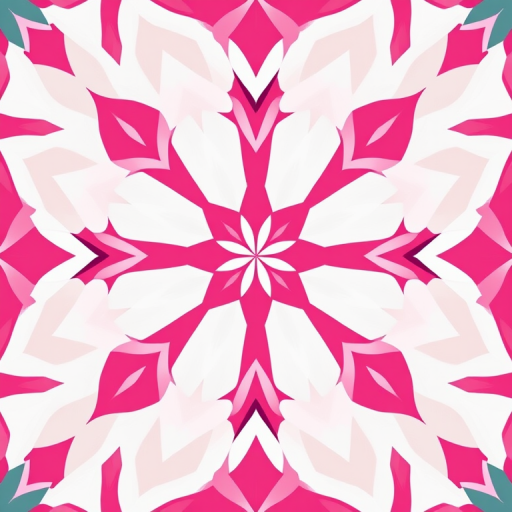 Create a seamless geometric pattern featuring bold pink and white shapes arranged in a star-like formation, captured with a DSLR camera at f/8 aperture, ISO 100, and a 50mm lens in overhead view for high detail and clarity.
