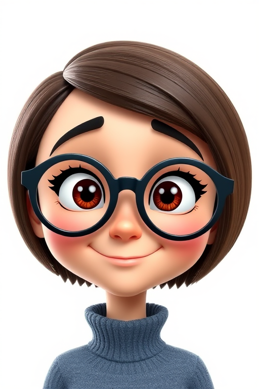 Create an animated character with a close-up view showing large round glasses a short bob haircut a slightly tilted head and a confident expression emphasize the character's exaggerated facial features and playful demeanor against a simple white background