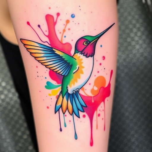 Watercolor splash tattoo named "Chromatic Hummingbird" depicting a hummingbird in flight surrounded by abstract splashes and drips of vibrant colors, creating a sense of movement and energy
