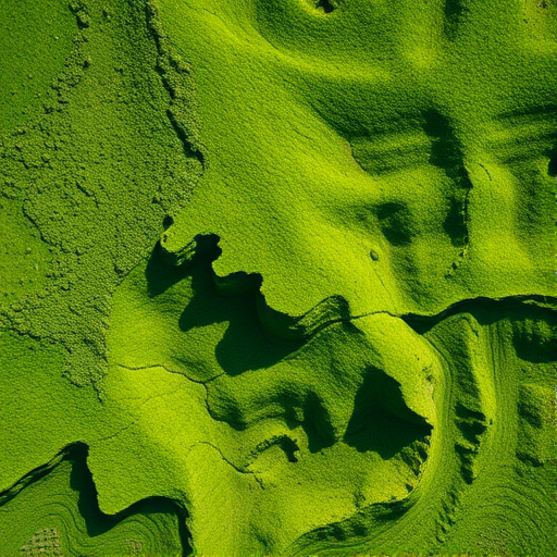 regenerate the vivid green landscape with intricate textures and shadows, using a high-resolution DSLR camera, 50mm lens, f/8 aperture, ISO 100, in a top-down aerial view, capturing detailed geological features for a rich and dynamic composition