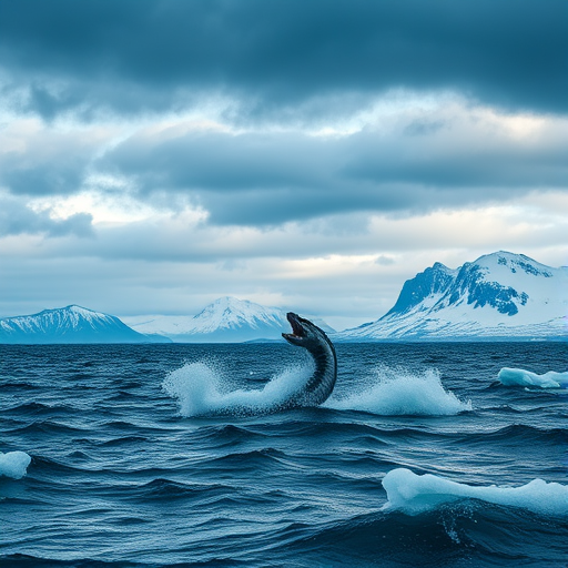 A mythical sea serpent emerging from icy waters, dramatic clouds overhead, snowy mountains in the background, shot with a Nikon D850 at f/8, ISO 100, 24mm lens, dynamic wide-angle view, cinematic style.